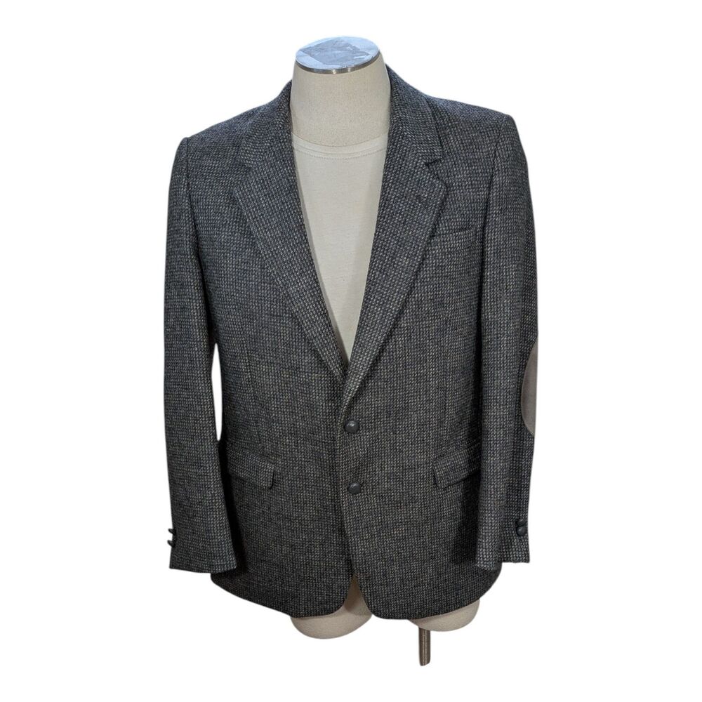 KASPER Mens Size 44L Wool Tweed Blazer Sport Coat Gray Suede Elbow Patch Vintage